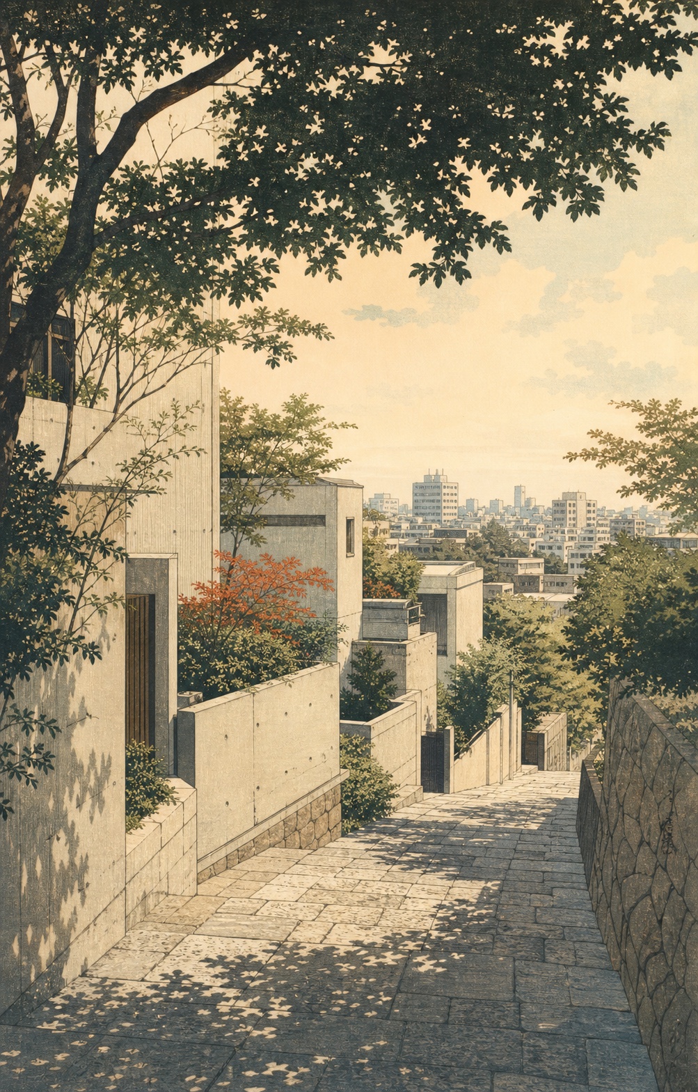 A generated illustration of a sloping street and plants in Daikanyama