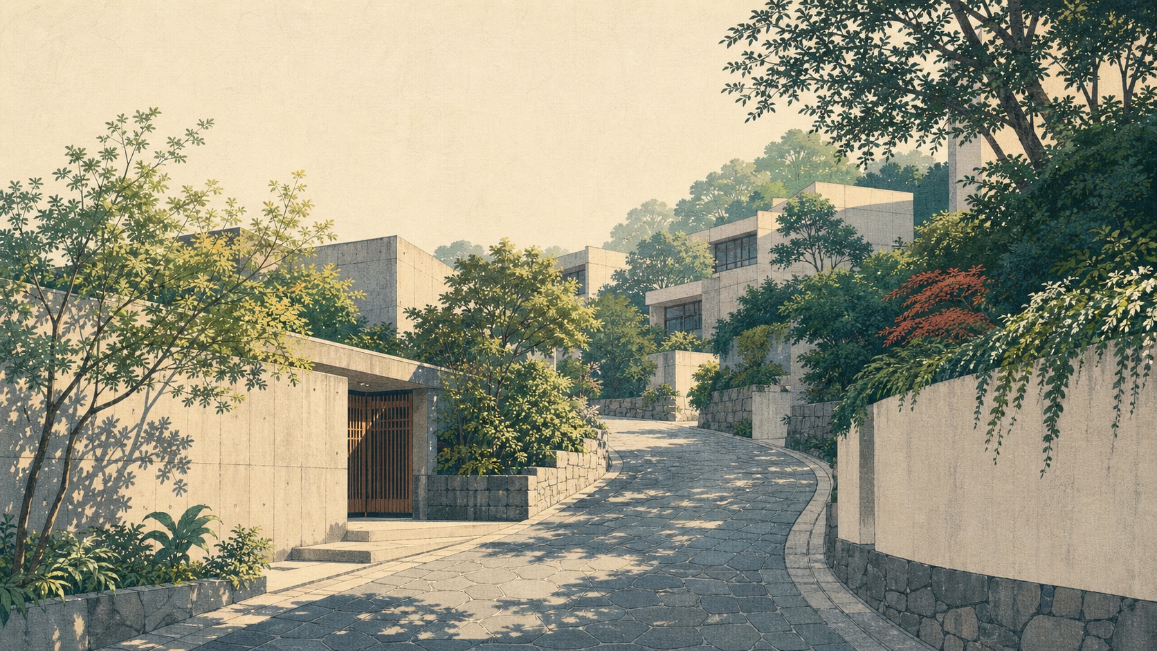植物の影と代官山の坂道を描いた生成挿絵